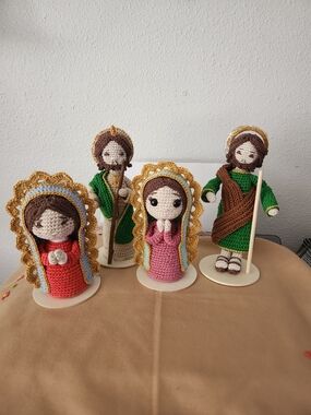 Handcrafted Crochet Nativity Figures Set - Pink, Dark Orange & Green